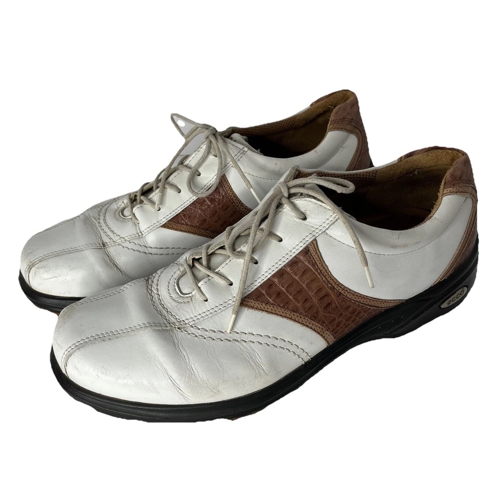 ECCO Golf Shoes Leather White Brown Croc Trim‎ Soft Spikes Men's Size 44 EU 10.5